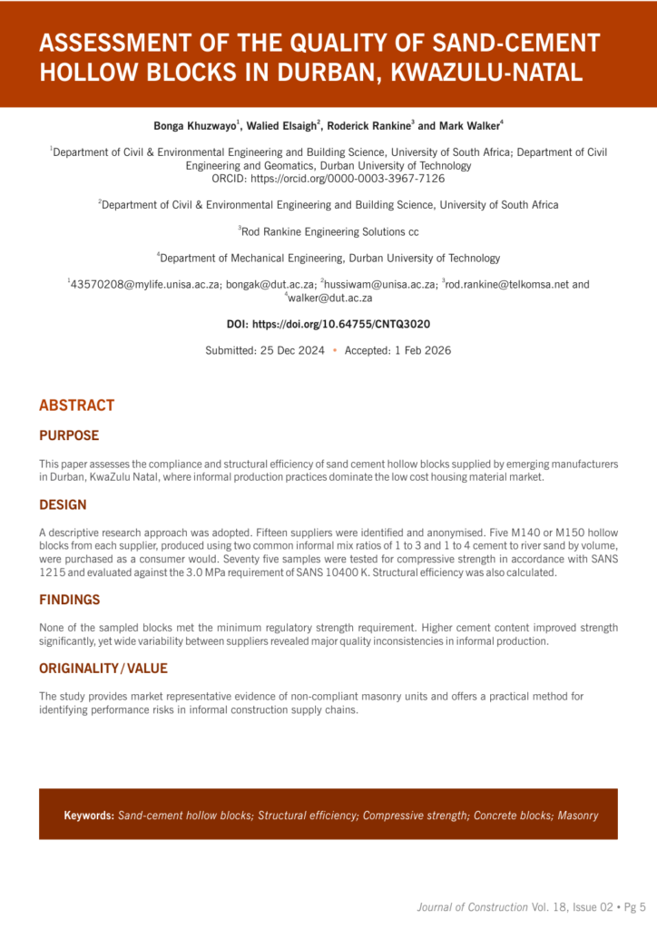 Assessment of the Quality of Sand-Cement Hollow Blocks in Durban, KZN | JoC V18 Issue 02
