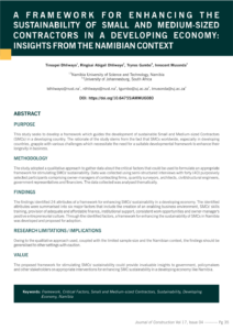 JoC V17 I04 | A Framework for Enhancing the Sustainability of Small & Medium Sized Contractors in a Developing Economy: Insights from the Namibian Context